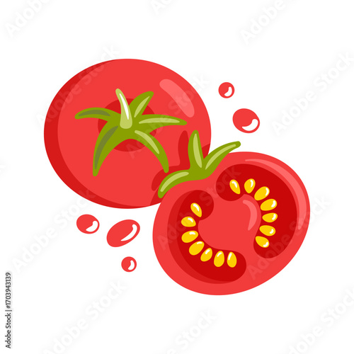 Vibrant tomato vector illustration featuring glossy red skin, subtle highlights, and clean curved lines for modern, fresh design. high-contrast, scalable vector art suitable for branding and packaging