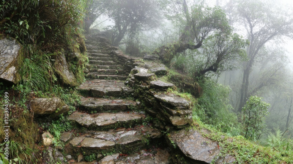 Fototapeta premium A winding stone pathway leads through a dense forest shrouded in mist. Lush greenery surrounds the steps, creating a serene atmosphere ideal for a quiet morning walk.