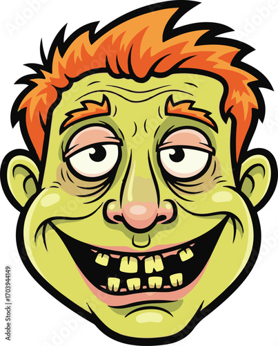 Funny cartoon zombie head with a silly grin, featuring green skin, messy orange hair, and crooked teeth. This vector illustration portrays a dazed and goofy monster character
