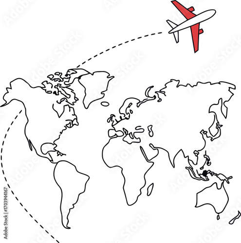 Airplane flying over world map travel flight path