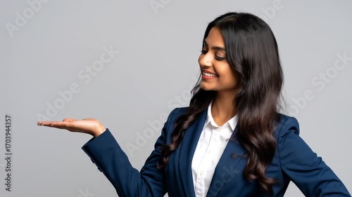 Smiling business woman presenting something with open palm against a gray background