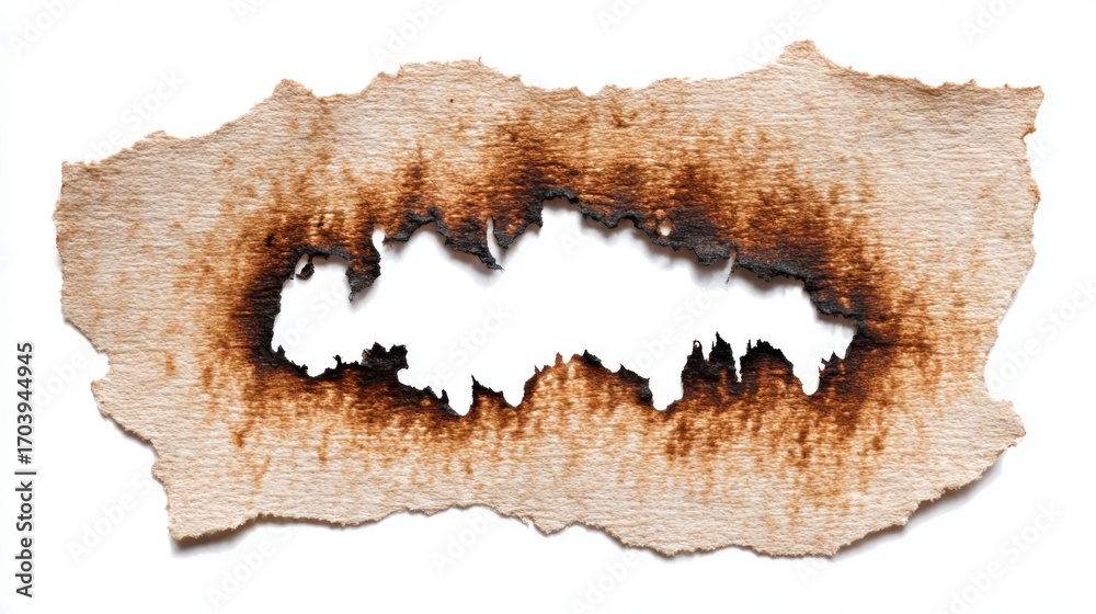 Fototapeta premium A piece of paper with irregular burnt edges reveals intricate patterns and shapes in the core. The contrast between the brown burn marks and the white background enhances the aesthetic appeal.