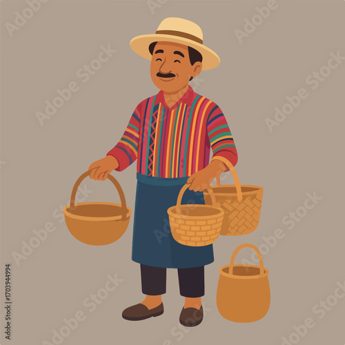 Guatemalan Basket Seller in Traditional Outfit