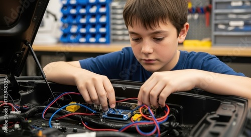 Wallpaper Mural Asian young boy working on electronics circuit in workshop setting Torontodigital.ca