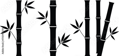 Black silhouette bamboo stalks with leaves vector illustration for nature design, Asian style, eco-friendly theme, minimalist plant and forest background.
