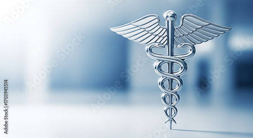 Silver caduceus medical symbol against a blurred blue hospital backdrop representing healthcare and medicine with a clean and modern aesthetic