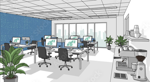 Modern office interior design with contemporary furniture and empty desks