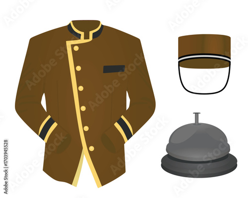 Brown hotel receptionist uniform with bell. vector	
