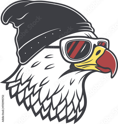 Eagle wearing beanie and sunglasses bird head