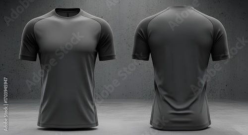 Black athletic t-shirt mockup with front and back views on a dark concrete background. Blank sports jersey template for design presentation