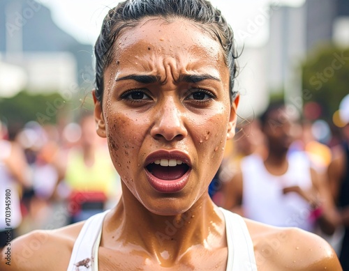 Female Runner with a Face Full of Sweat and an Expression of Exertion.

