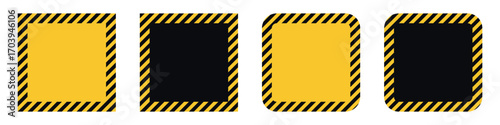 Set of square frames with caution stripes border in yellow and black colors. Industrial warning sign template with rounded and sharp corners. Safety attention symbol for construction and hazard design