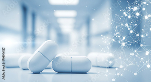 White pills on a blue background with a network graphic for medical research and pharmaceutical innovation and healthcare concepts