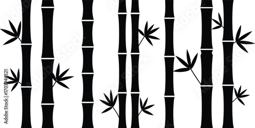 Black silhouette bamboo stalks with leaves vector illustration for nature design, Asian style, eco-friendly theme, minimalist plant and forest background.