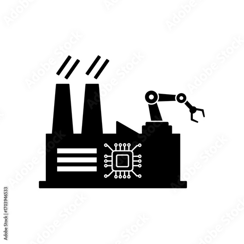 Factory Automation Industry Icon featuring Circuit Board and Robotic Arm 