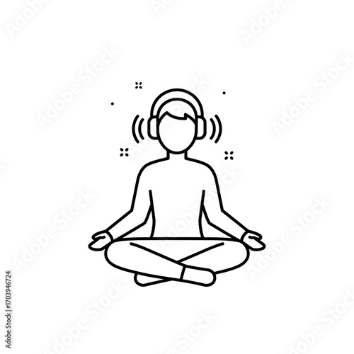 Mindfulness and audio therapy concept. A simple line icon of a person in a lotus pose with headphones for relaxation and stress relief