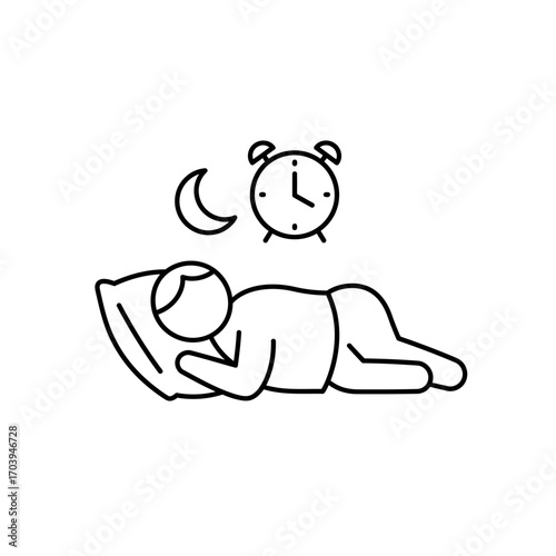 Sleep cycle illustration. Minimalist line art icon of a person resting in bed with a moon and alarm clock, ideal for wellness and health designs