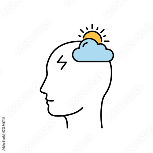 Human head with cloud and sun representing mental health issues and emotional wellbeing on a white backdrop, symbolizing inner turmoil and hope.