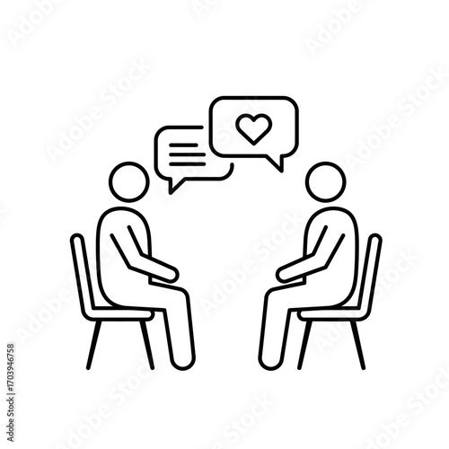 Two people sitting face to face in chairs having a conversation with speech bubbles and a heart, symbolizing connection and understanding.