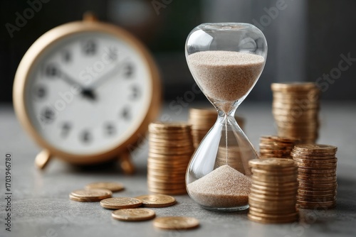 A close-up of an hourglass and a clock next to stacks of coins, symbolizing the relationship between time and money.