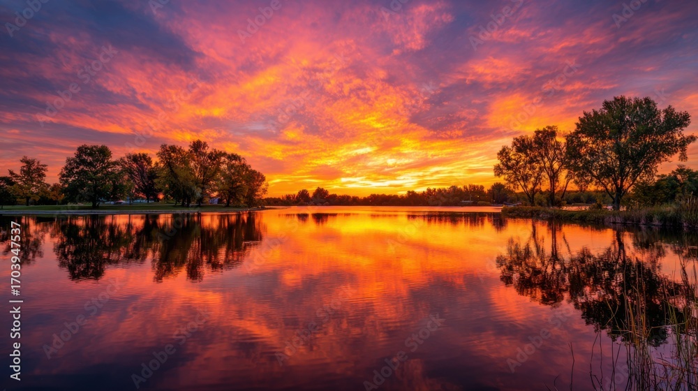 Obraz premium Vivid colors fill the sky as the sun sets over a calm lake, and trees outline the horizon. The water perfectly reflects the vibrant hues, creating a peaceful atmosphere in the evening.