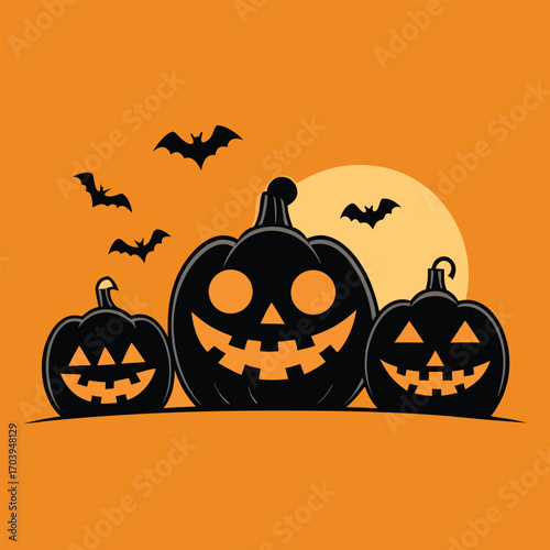 Four Spooky Halloween Jack-o-Lanterns black pumpkin  silhouettes vector illustration