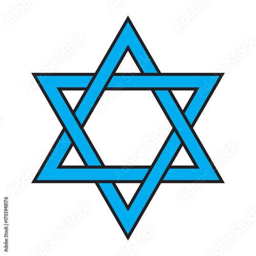 Blue Star of David on white background, representing Jewish faith, tradition, culture, and spirituality as a sacred and iconic religious symbol.