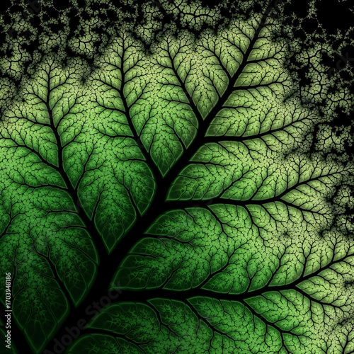 Abstract Vector illustration of an ultra-detailed, fractal-inspired green leaf close-up, highlighting the intricate branching vein patterns gradually diffusing toward the edges