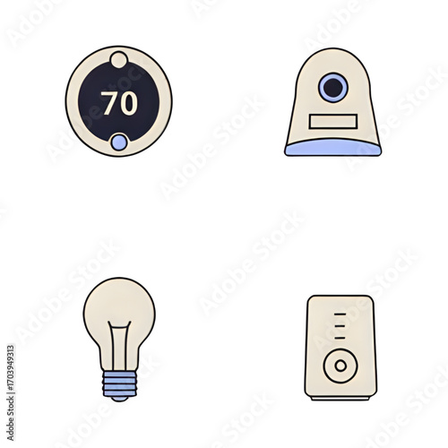 Collection of smart home devices including thermostat, camera, light bulb, and hub