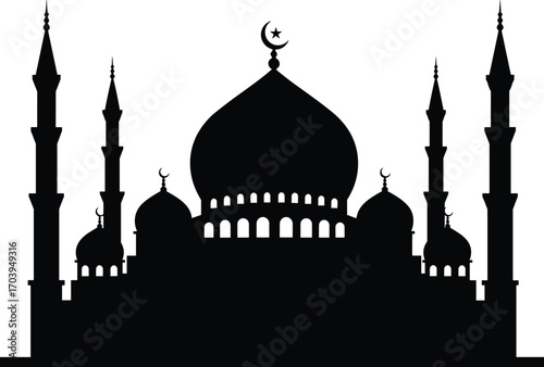 Black silhouette of Islamic mosque with large dome, minarets, crescent moon and star, ideal for Ramadan and Eid designs.Black silhouette of Islamic mosque with large dome, minarets, crescent mo