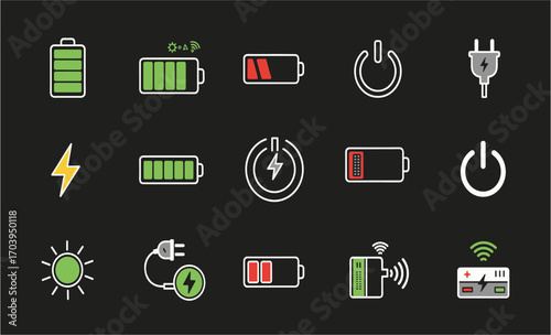 Collection of modern flat icons representing power, energy, battery levels, charging, and electrical connections on a dark background.