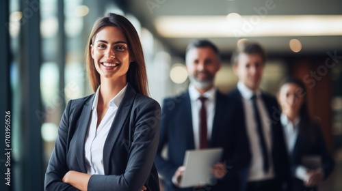 A confident businesswoman standing in a modern office with a team of professionals in the background.