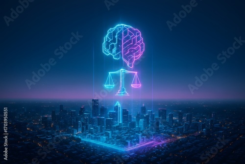 Neon brain with scales of justice hovering above a city skyline at night, luminous blue and pink glow, conceptual illustration for AI governance, ethics policy, and responsible technology debates