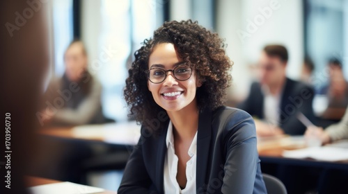 A smiling businesswoman with curly hair wearing glasses, seated at a conference table with colleagues in the background.