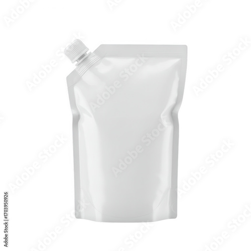 A clean white flexible pouch with a white screw cap and spout isolated on transparent background