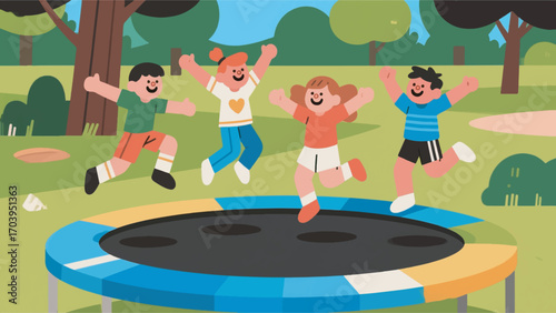illustration of children playing on a trampoline in a park vector design template