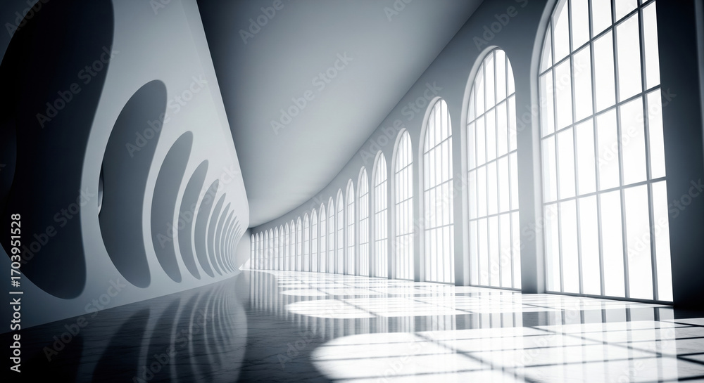 Fototapeta premium Abstract futuristic architectural interior with curved walls and windows
