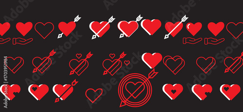 Aesthetic wallpaper showcasing various red heart icons pierced by arrows and a hand holding heart on a dark background, creating a romantic and visually engaging digital art