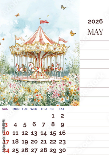 The image is a May 2026 calendar page featuring a whimsical watercolor carousel with white horses, surrounded by blooming wildflowers and fluttering butterflies under a bright sky.
