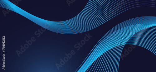 A captivating abstract background features smooth, flowing, curved lines in vibrant cyan against a deep navy gradient, creating a modern and dynamic visual texture with subtle depth