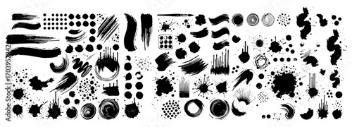 A dynamic assortment of black ink splatters, brushstrokes, and dotted patterns creates a visually engaging composition against a bright white backdrop for unique graphic designs