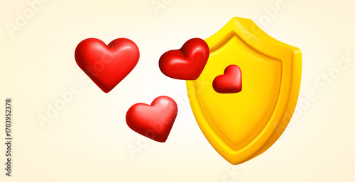 Yellow shield with red hearts. 3d vector banner with copy space
