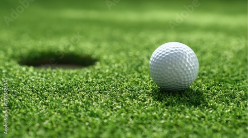 A golf ball rests on vibrant green grass, displayed just inches from the hole in bright sunlight during a clear afternoon. Surrounding terrain adds to the lushness of the landscape.