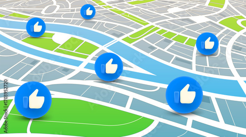 Сity map with thumbs up icons. 3d vector illustration