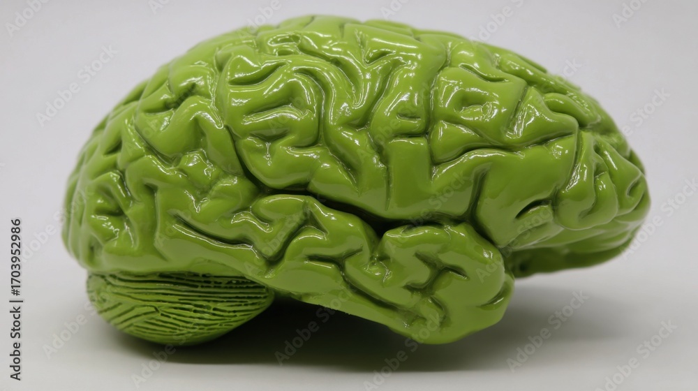 Obraz premium Detailed green brain model placed on a smooth surface highlights the complex structure and texture of the brain, ideal for educational and artistic purposes.