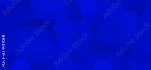 Deep cobalt background features a mosaic of overlapping dark blue hexagons, creating a geometric abstract texture with subtle tonal variations, ideal for modern designs