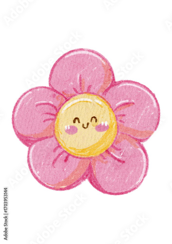 Happy Pink Flower with Crayon Texture, Kawaii Style Illustration