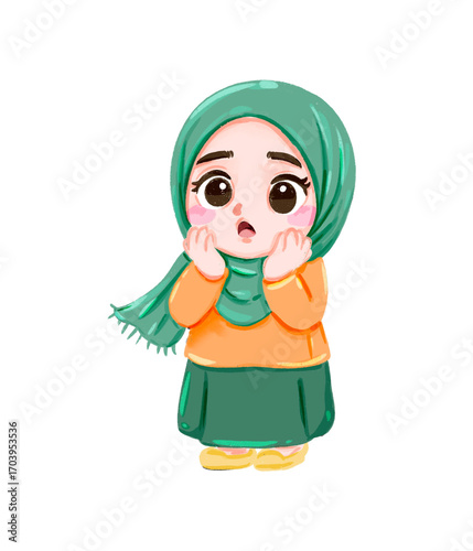 Adorable Anime-Style Girl in Hijab, Worried Expression