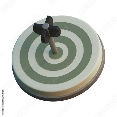 A clean 3D illustration of a dart directly in the bullseye, a visual metaphor for achieving business goals, successful marketing, and strategic precision