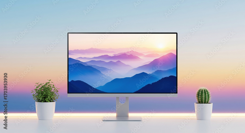 Fototapeta premium Modern computer monitor with a landscape wallpaper on a clean desk